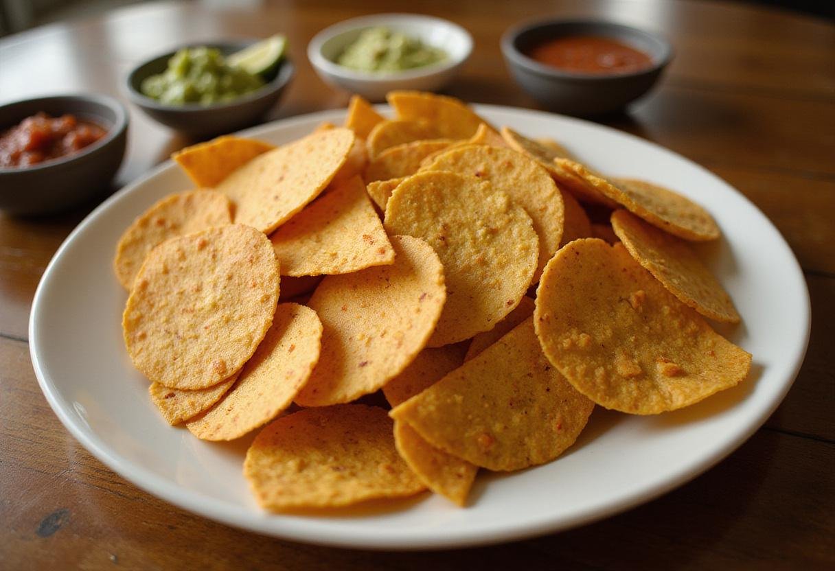 air fryer pita chips served with dips, homemade crispy tortilla chips ready to enjoy, appetizing presentation of air fryer snacks
