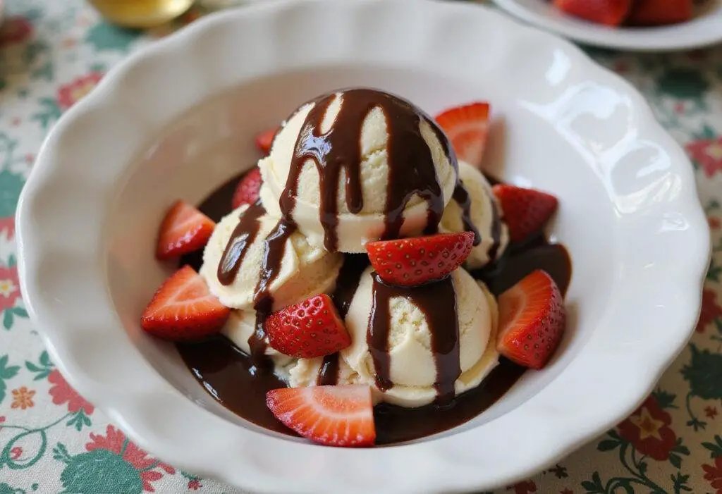 Delicious final result of homemade ice cream recipe with fresh strawberries and chocolate sauce, perfect for summer treat.