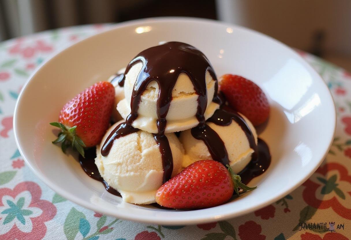 Delicious final result of homemade ice cream recipe with fresh strawberries and chocolate sauce, perfect for summer treat.