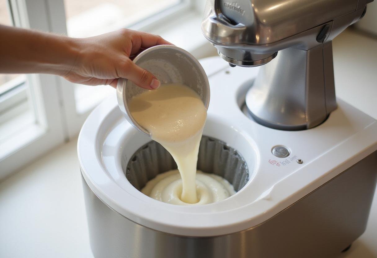 Pouring the chilled vanilla ice cream mixture into a Cuisinart ice cream maker for a delicious homemade ice cream recipe.
