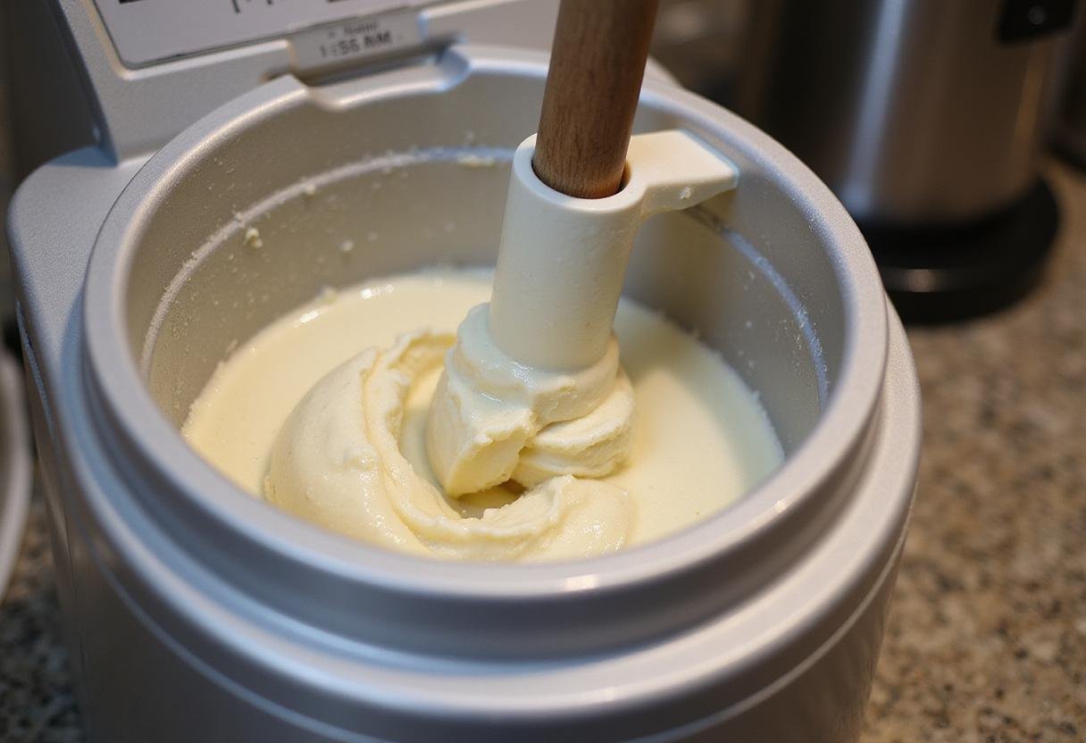 Churning process of homemade vanilla ice cream in a Ninja Creami ice cream maker showing creamy texture development.