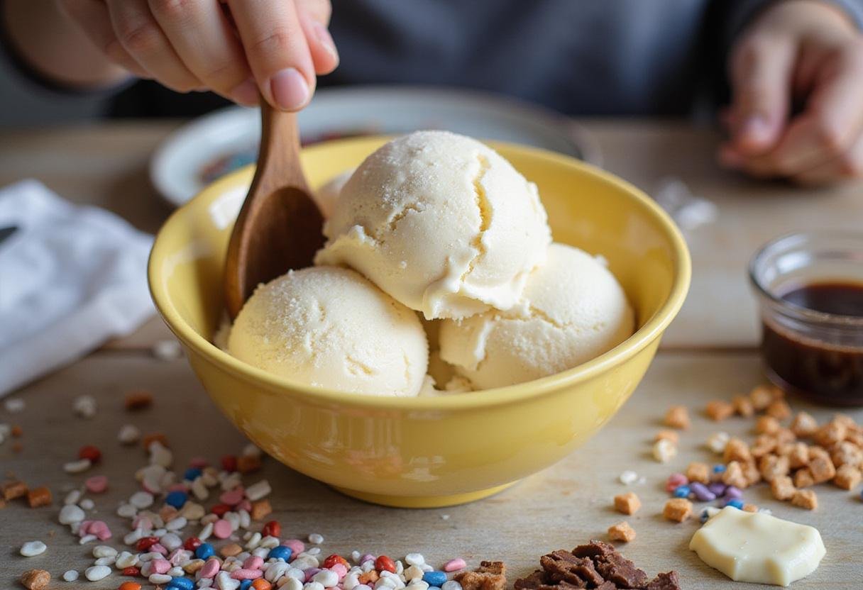 Spoonful of fluffy homemade vanilla ice cream ready to serve, highlighting a healthy ice cream recipe with toppings.