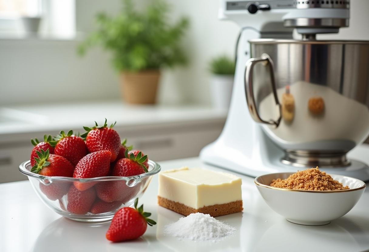 Homemade strawberry cheesecake frozen treats preparation with cream cheese and fresh strawberries for a delicious cheesecake ice cream.