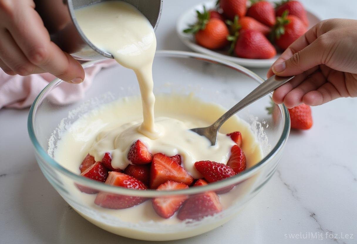 Creating strawberry cheesecake klondike treats by mixing cream cheese and fresh strawberries for a creamy texture.