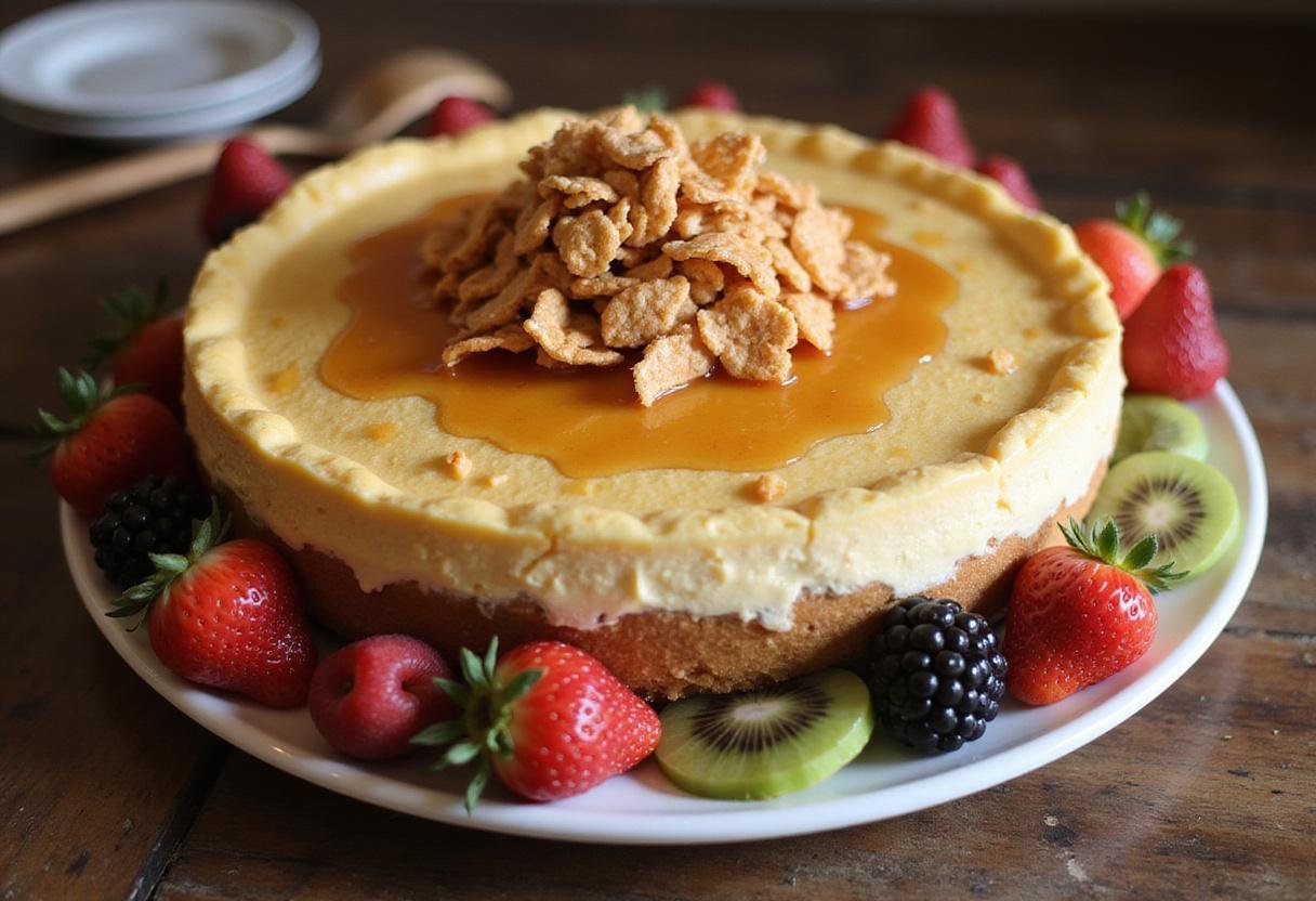 Final presentation of Honey Nut Cornflake Cheesecake with honey drizzle and garnish, showcasing an enticing dessert on a rustic table.