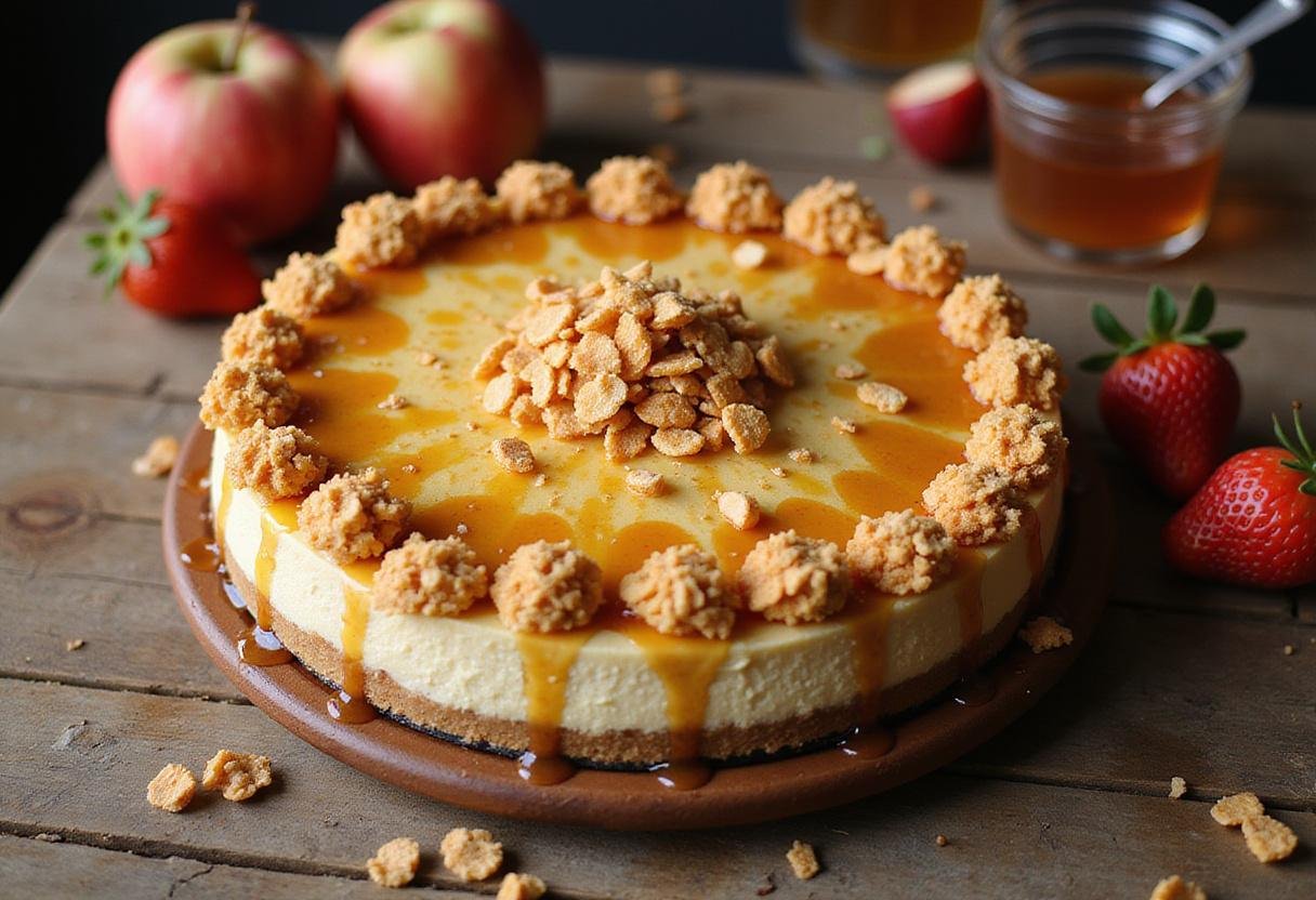 Final presentation of Honey Nut Cornflake Cheesecake with honey drizzle and garnish, showcasing an enticing dessert on a rustic table.