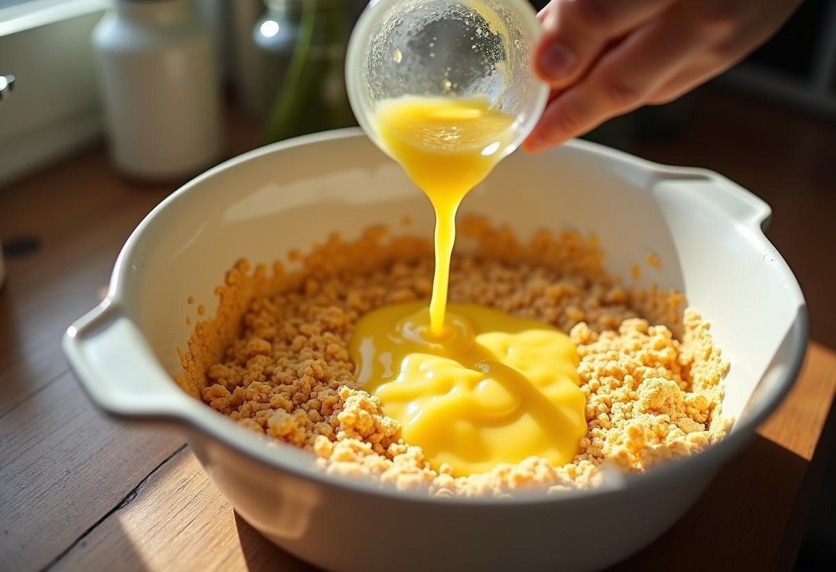 Preparation step for Honey Nut Cornflake Cheesecake crust with crushed cornflakes and butter, showcasing the cozy kitchen setting.