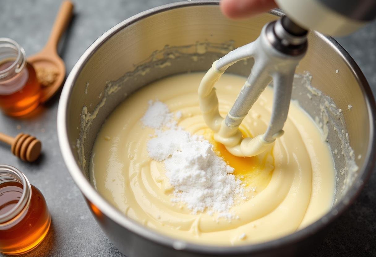 Mixing cream cheese and sugar for Honey Nut Cornflake Cheesecake, highlighting the creamy texture and honey jars in a bright kitchen atmosphere.