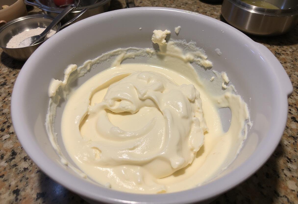 Combining whipped cream with cream cheese for an airy Honey Nut Cornflake Cheesecake filling, capturing the essence of baking in a lively kitchen.