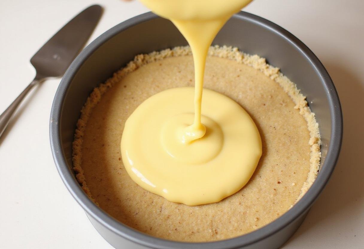 Assembling the Honey Nut Cornflake Cheesecake with layered crust and filling in a springform pan, emphasizing the homemade baking process.
