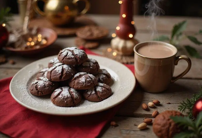 Delicious hot chocolate cookies served with a mug of hot cocoa, perfect for a comforting treat.