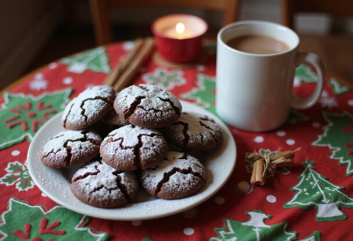 Delicious hot chocolate cookies served with a mug of hot cocoa, perfect for a comforting treat.