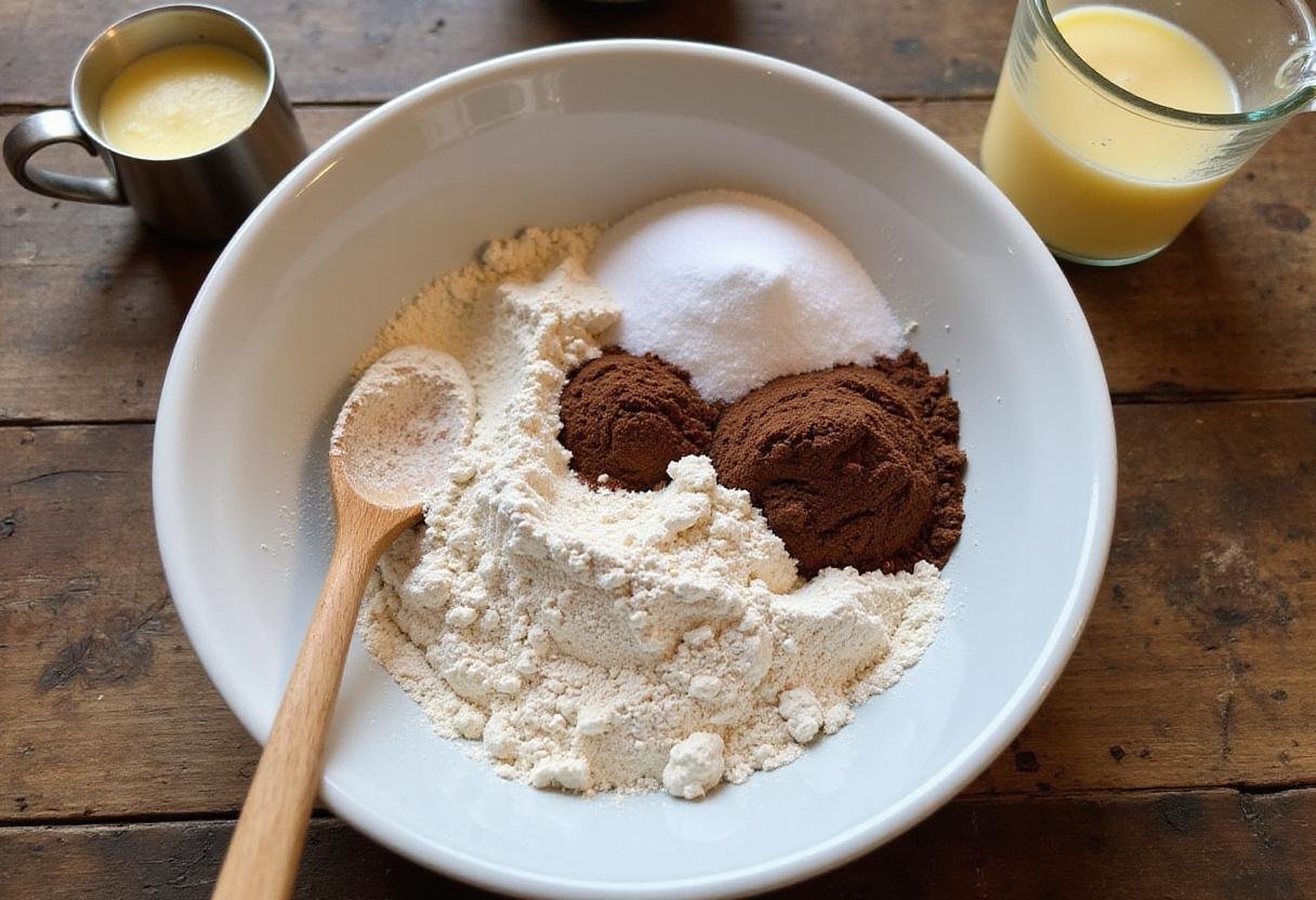 Making hot chocolate cookies from scratch with flour, cocoa, and sugar ingredients on a rustic table.