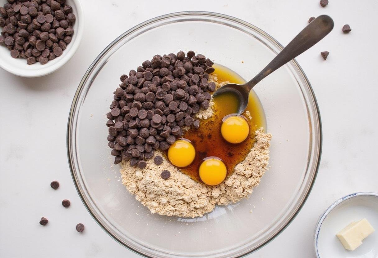 Combining ingredients for hot cocoa cookies recipe, featuring chocolate chips, eggs, and vanilla extract.