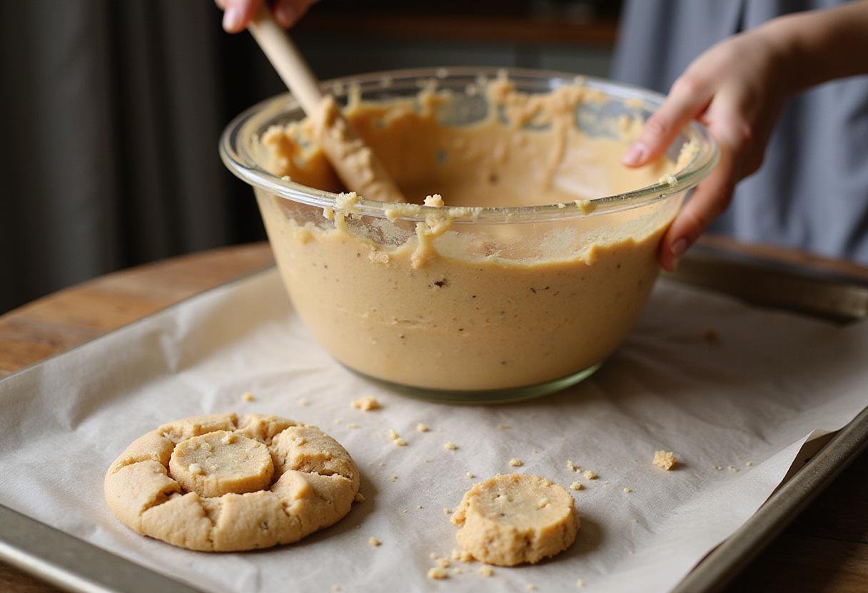 Scooping cookie dough for hot chocolate cookies, ready to be baked on a parchment-lined tray.