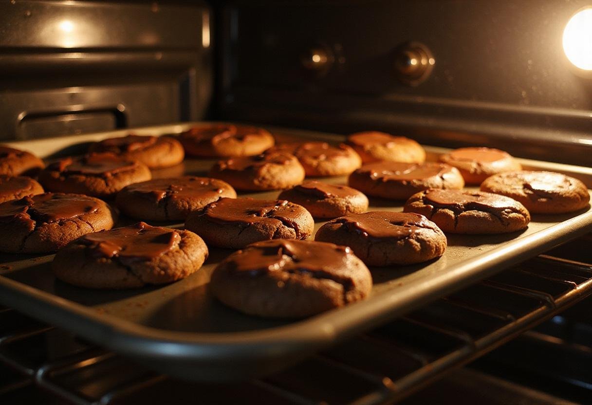 Freshly baked hot chocolate cookies cooling in the oven, showcasing their chocolatey goodness.
