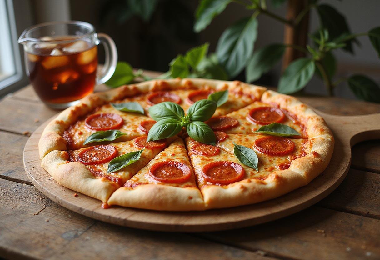 Delicious Hot Honey Pepperoni Pizza Hut style served with drinks, perfect for sharing.