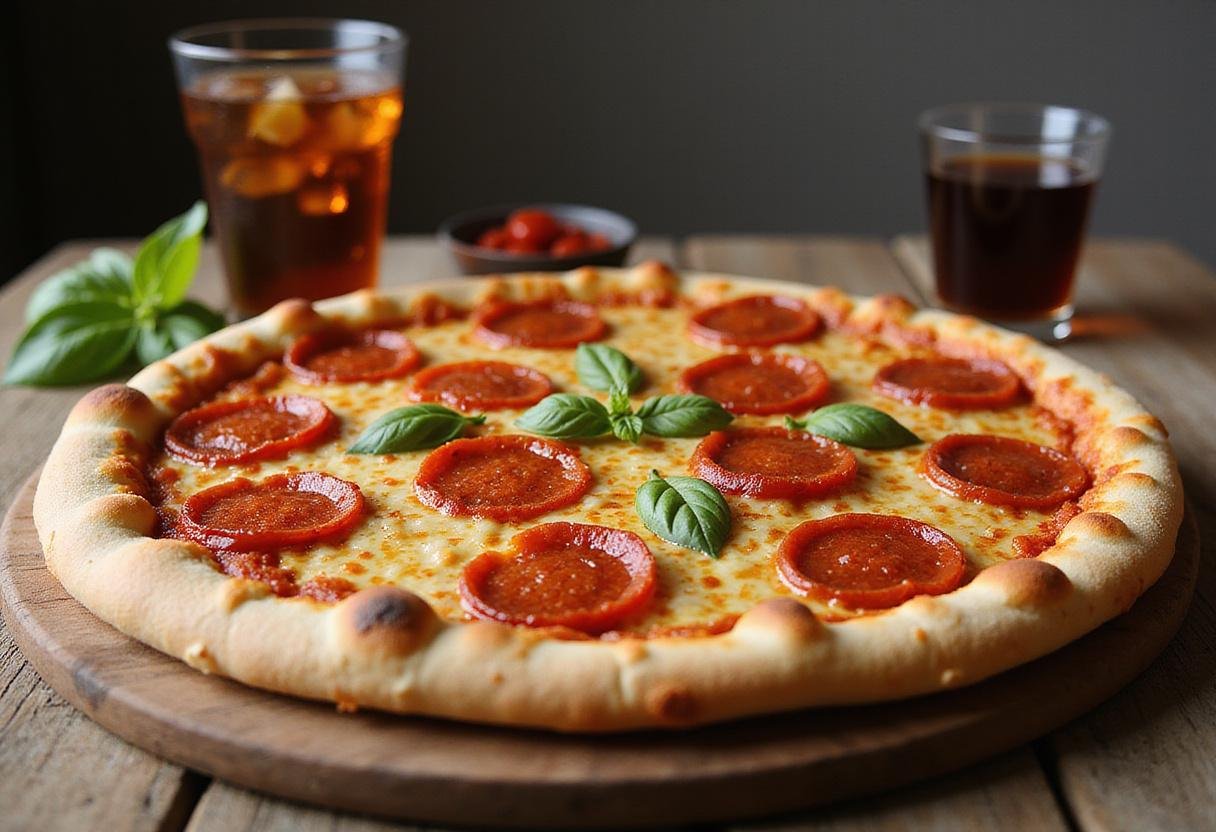 Delicious Hot Honey Pepperoni Pizza Hut style served with drinks, perfect for sharing.