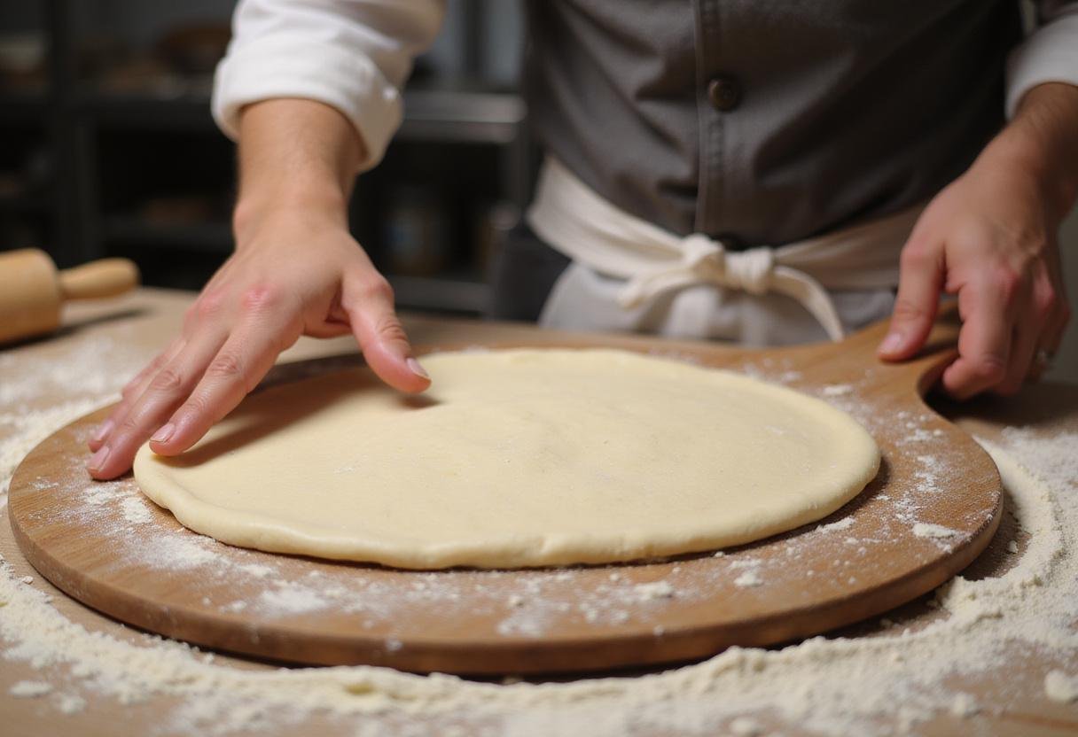 Hot Honey Pepperoni Pizza dough preparation in a kitchen with flour and a rolling pin.