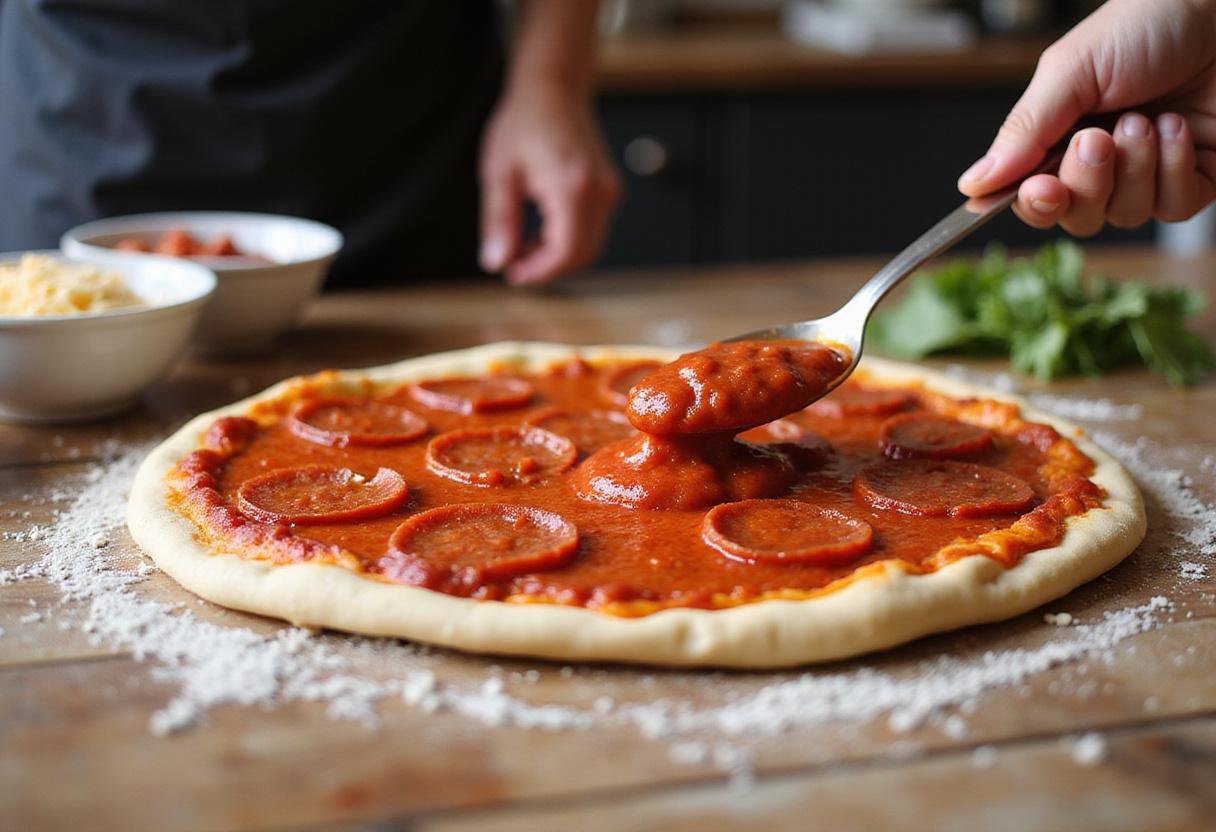 Preparing Hot Honey Pepperoni Pizza at Pizza Hut style with tomato sauce spread on dough.