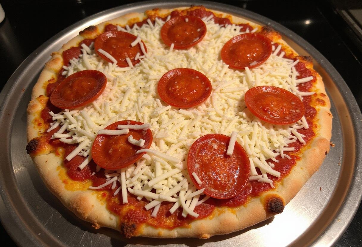 Hot Honey Pepperoni Pizza topped with mozzarella and pepperoni before baking at home.