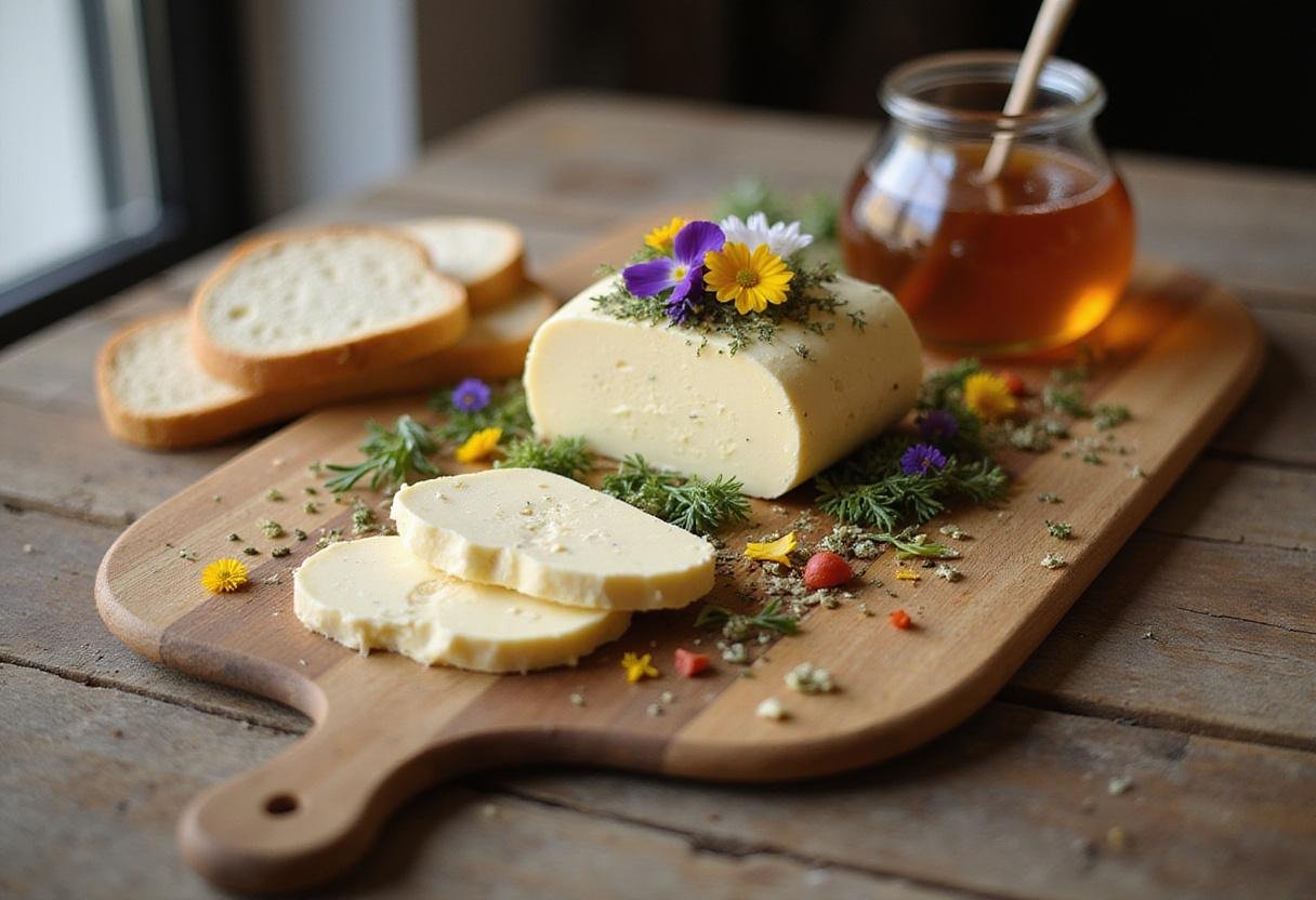 An aesthetically pleasing butter board as a stunning appetizer, displaying an array of toppings for a perfect gathering.