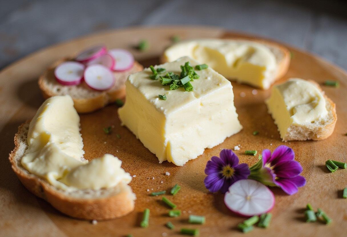 Adding vibrant toppings to a butter board, including fresh chives and radishes for enhanced flavor and color.