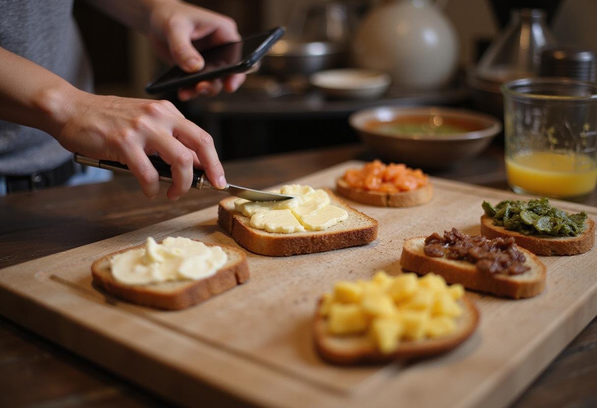 Spreading butter on toasted bread, surrounded by an array of toppings on a beautifully crafted butter board.