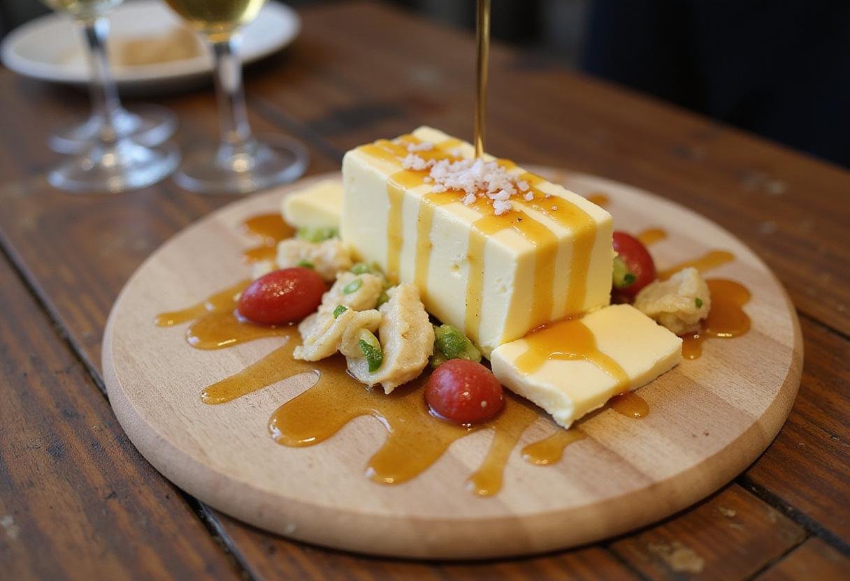 Final touches on a butter board, drizzled with honey and garnished with sea salt for an appealing presentation.