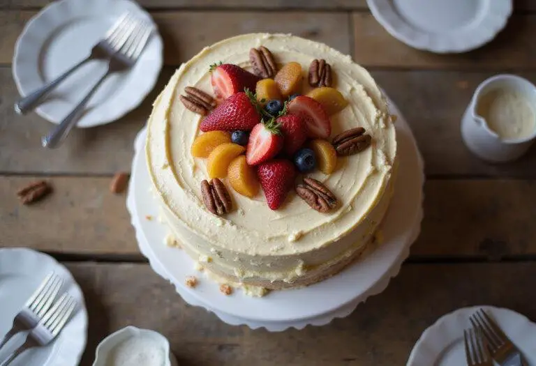Final presentation of hummingbird cake with cake mix, elegantly decorated and ready to be enjoyed with fresh fruit and pecans.