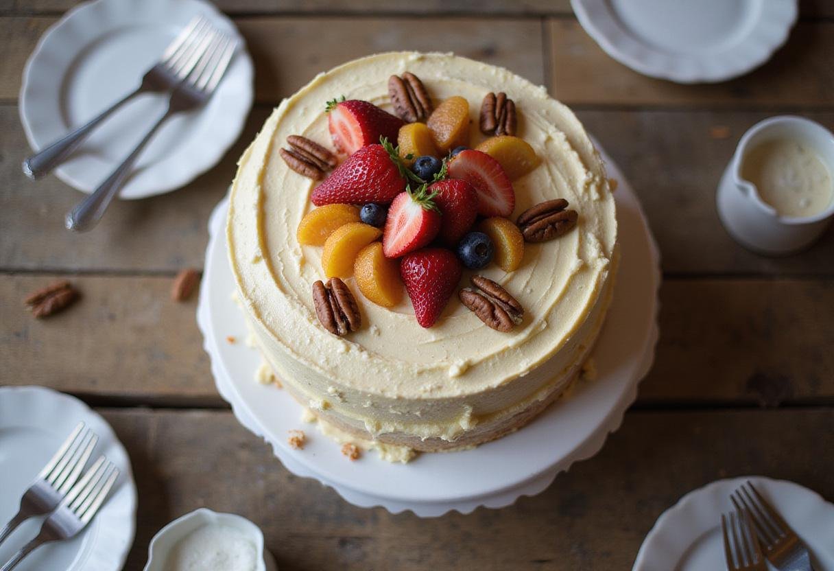 Final presentation of hummingbird cake with cake mix, elegantly decorated and ready to be enjoyed with fresh fruit and pecans.