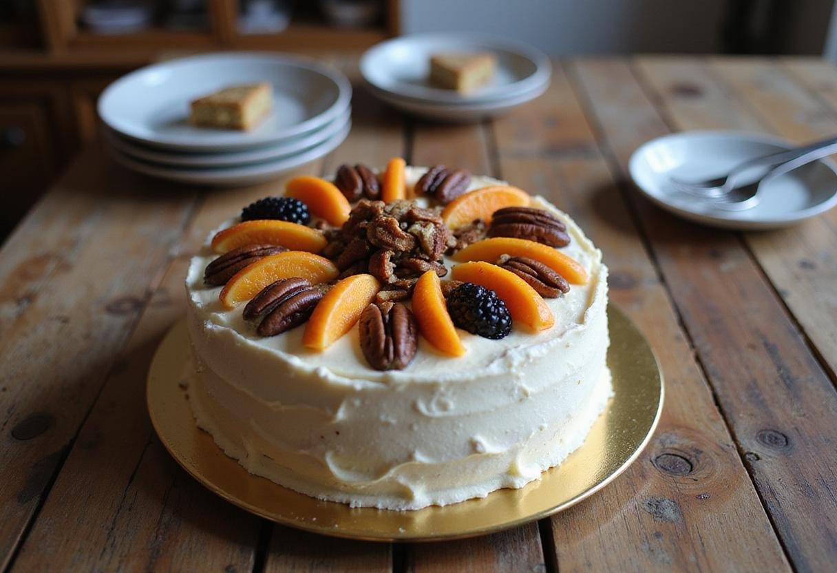 Final presentation of hummingbird cake with cake mix, elegantly decorated and ready to be enjoyed with fresh fruit and pecans.