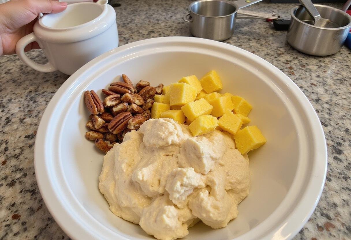 Ingredients for hummingbird cake with cake mix including cake mix, crushed pineapple, bananas, and pecans on a kitchen countertop.