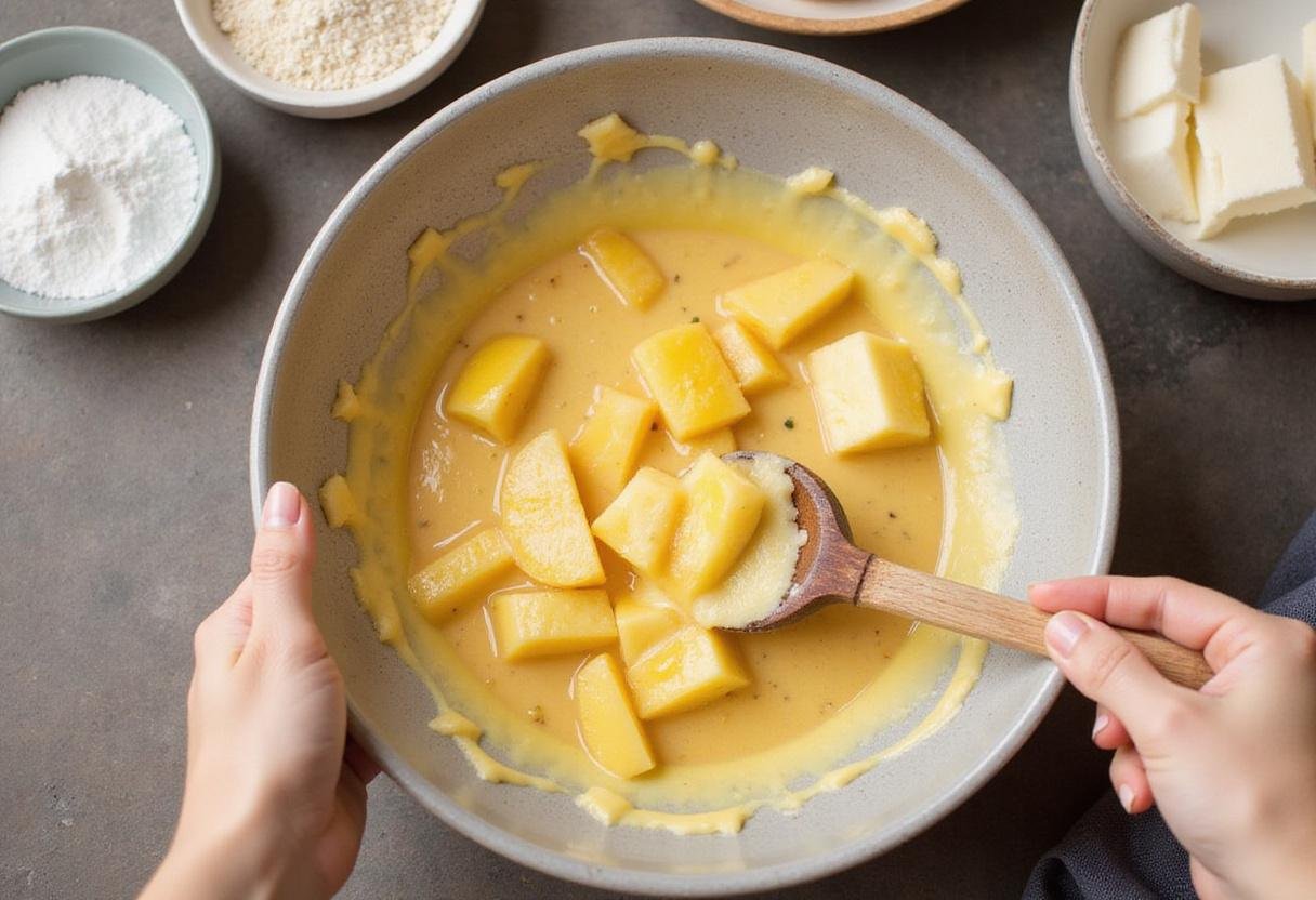 Mixing ingredients for hummingbird cake with cake mix, featuring a colorful mixture of fruits and cake ingredients in a bowl.
