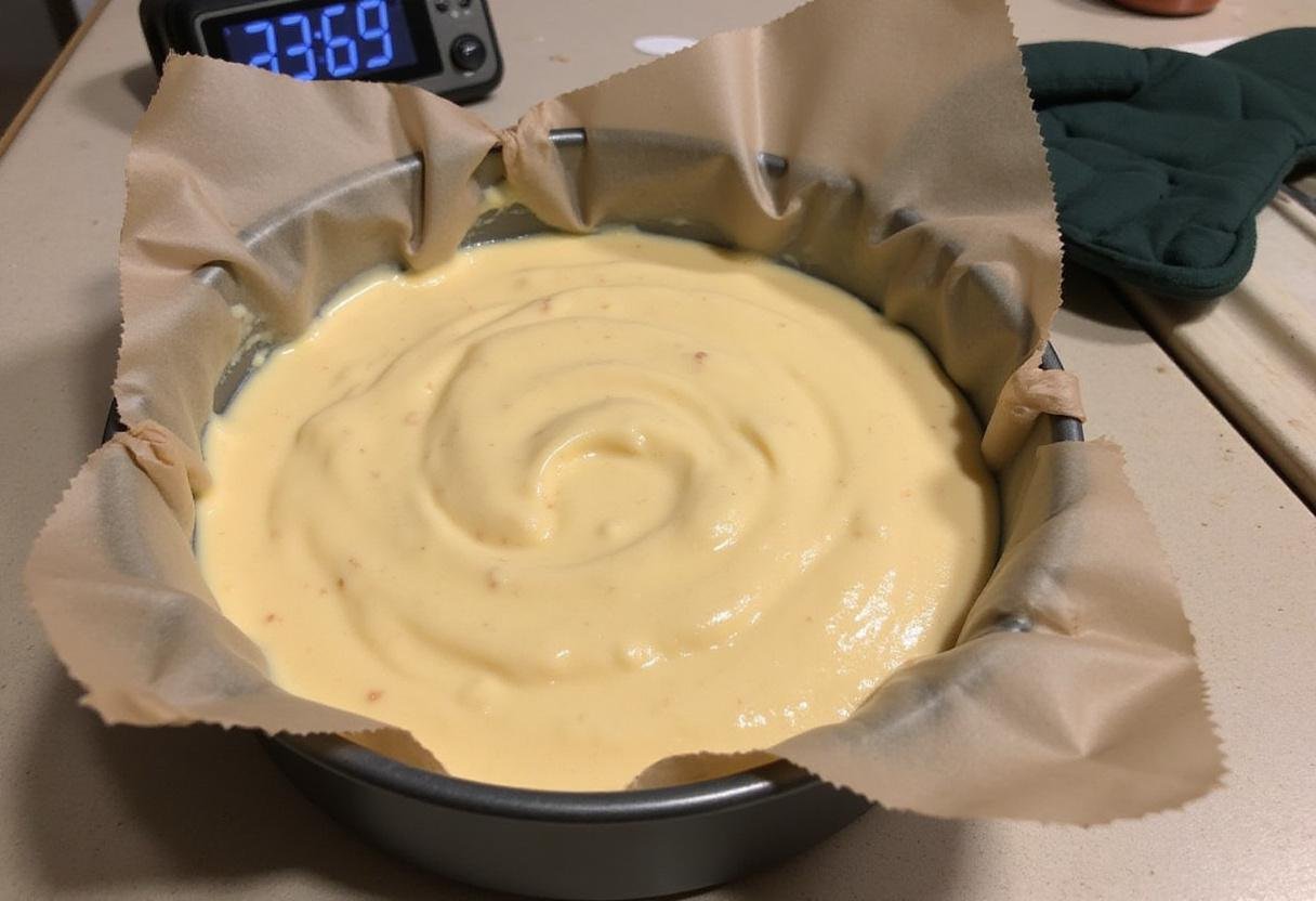 Cake batter for hummingbird cake with cake mix poured into a pan, prepared for baking in the oven.