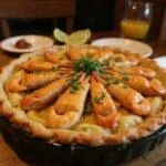 final presentation of a warm crawfish pie on a wooden table, ready to be enjoyed
