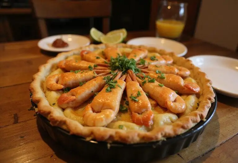 final presentation of a warm crawfish pie on a wooden table, ready to be enjoyed