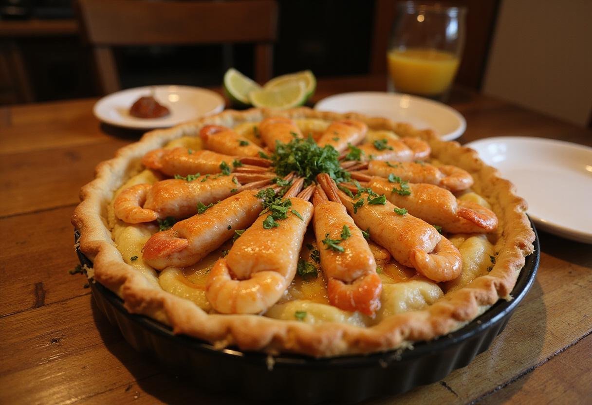final presentation of a warm crawfish pie on a wooden table, ready to be enjoyed