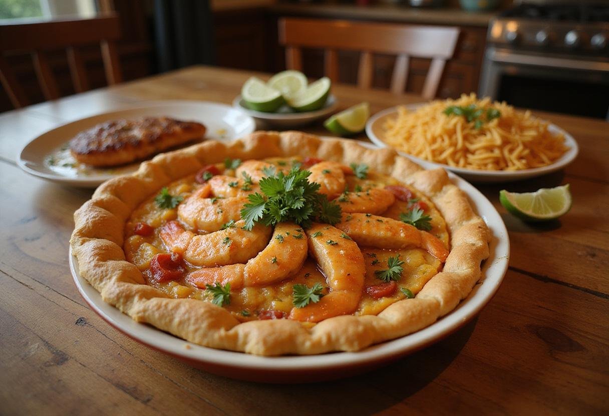 final presentation of a warm crawfish pie on a wooden table, ready to be enjoyed