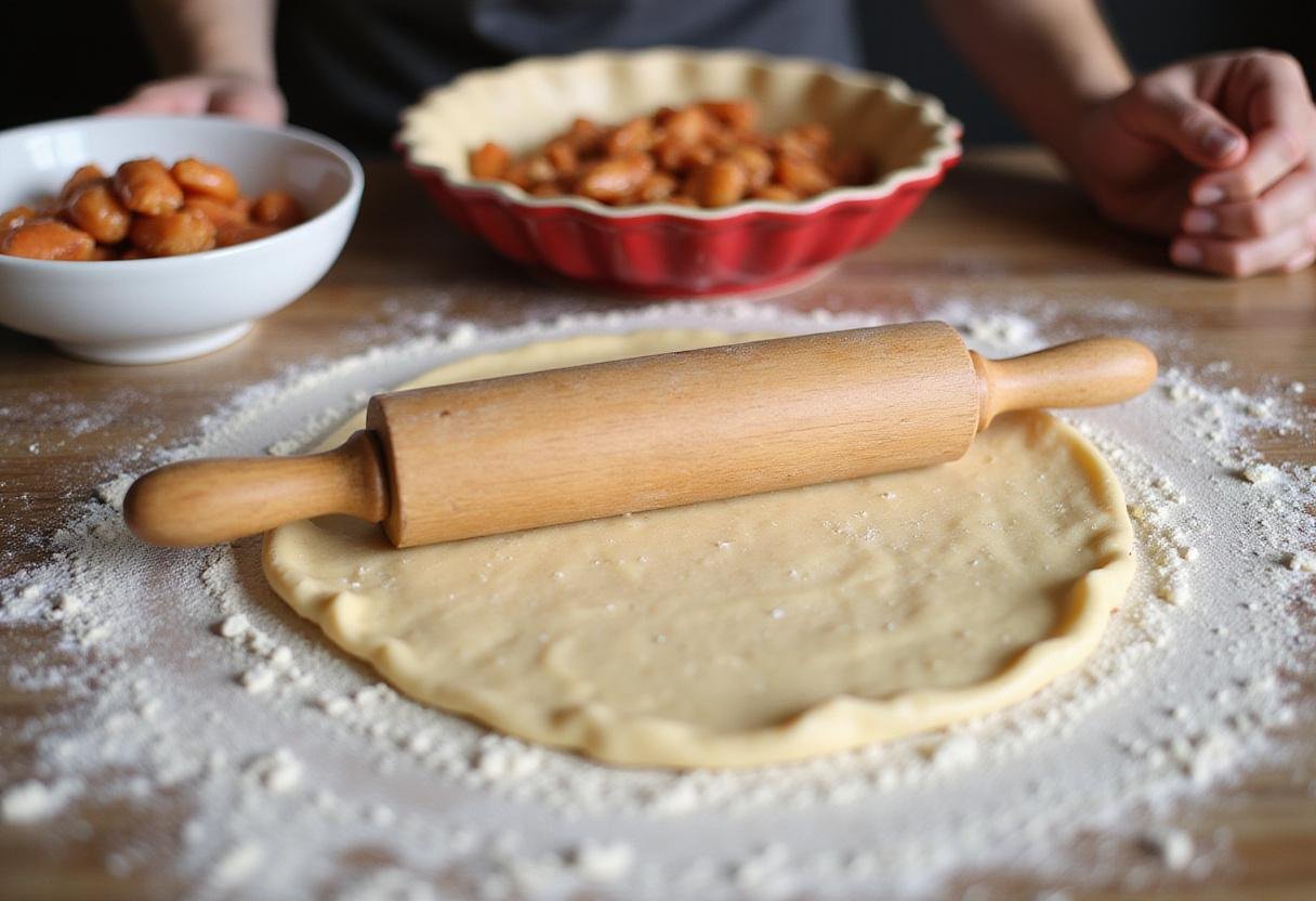 making pie crust for crawfish pie with dough and rolling pin on a clean countertop