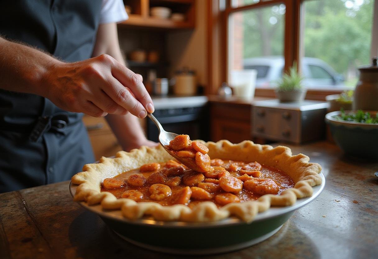 assembling crawfish pie by adding filling to the crust in a well-lit kitchen