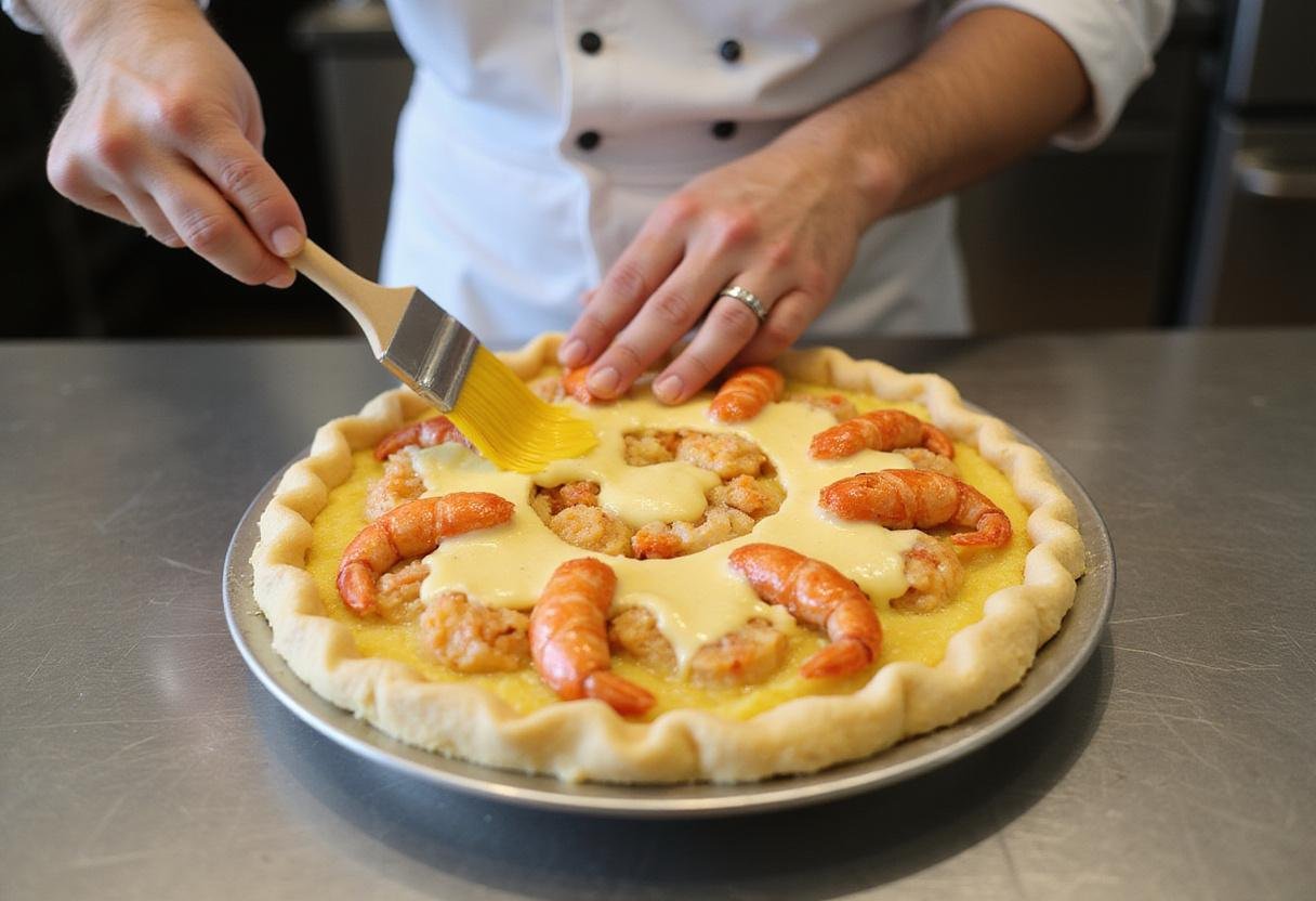 applying egg wash to the crawfish pie before baking for a golden finish