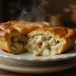 Finished KFC-style chicken pot pie, showcasing a golden crust and inviting filling, ready to be enjoyed in a charming kitchen ambiance.