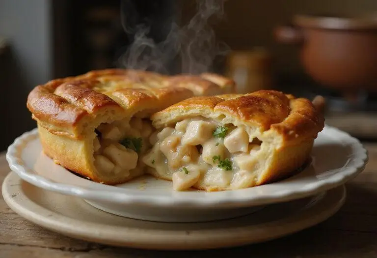 Finished KFC-style chicken pot pie, showcasing a golden crust and inviting filling, ready to be enjoyed in a charming kitchen ambiance.