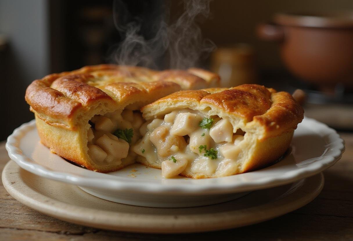 Finished KFC-style chicken pot pie, showcasing a golden crust and inviting filling, ready to be enjoyed in a charming kitchen ambiance.