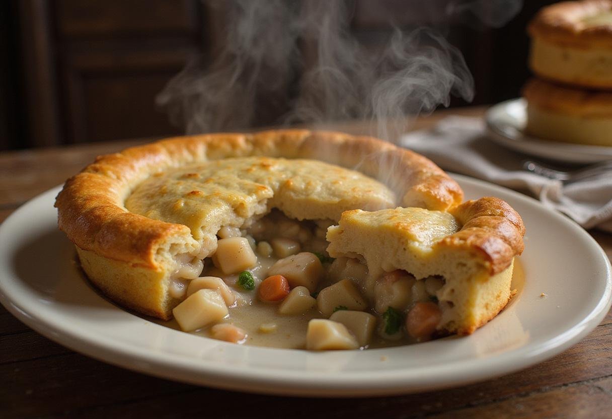 Finished KFC-style chicken pot pie, showcasing a golden crust and inviting filling, ready to be enjoyed in a charming kitchen ambiance.