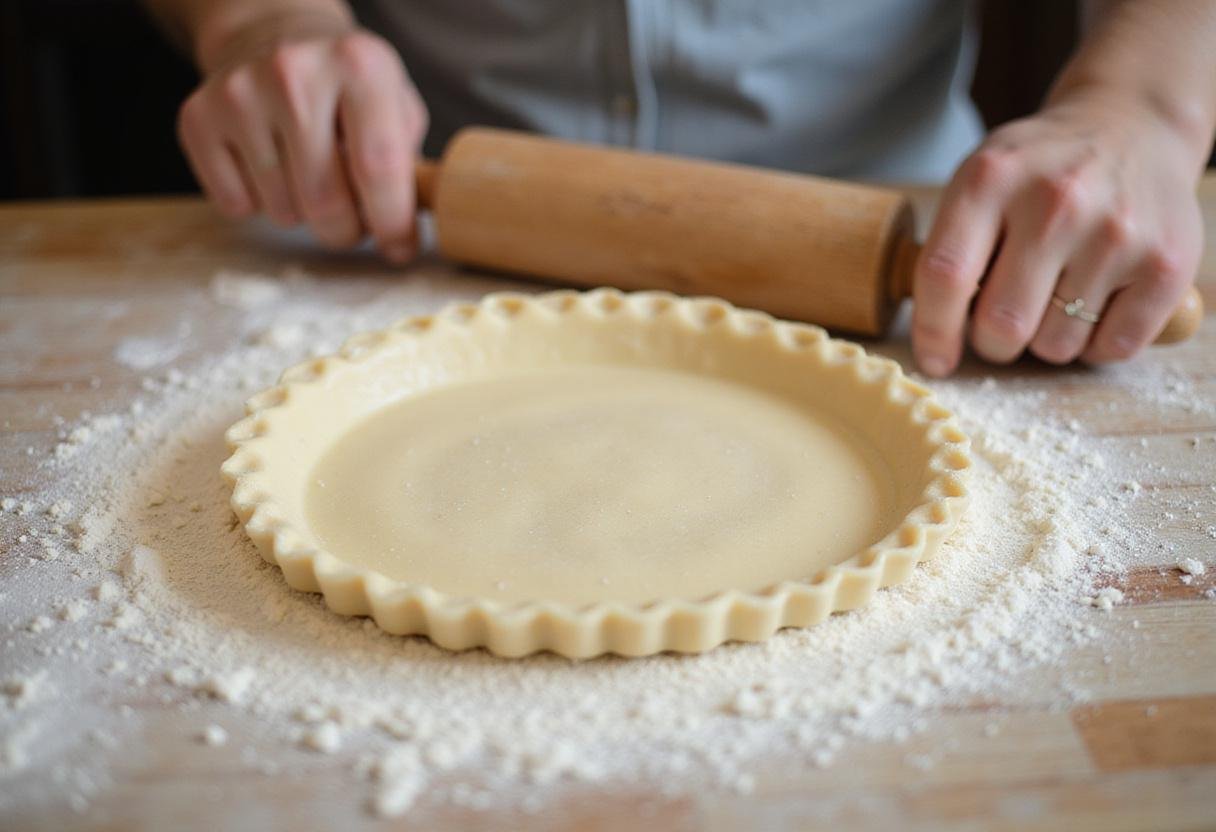 Flaky pie crust preparation for KFC-style chicken pot pie, showcasing the process of rolling out dough in a warm kitchen.