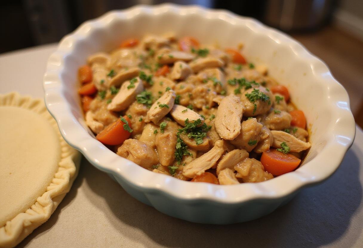Assembling KFC chicken pot pie with the creamy filling in the baking dish, illustrating the hearty ingredients in a comforting kitchen atmosphere.