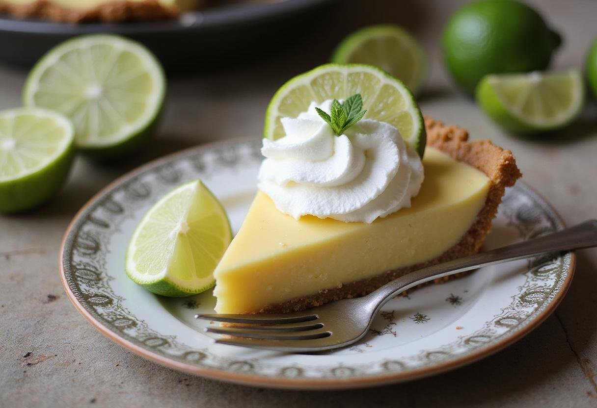 Delicious key lime pie shot displayed elegantly with whipped cream and lime wedges, perfect for dessert lovers.