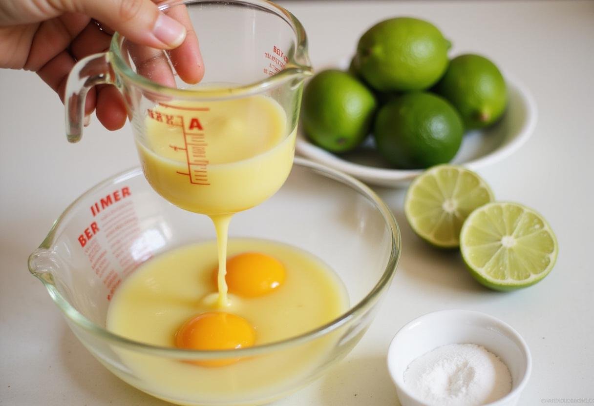 Making key lime pie shot with fresh key lime juice, eggs, and sugar, showcasing key limes and ingredients.